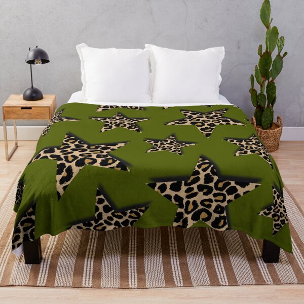 Leopard Print, Stars, on Green Throw Blanket