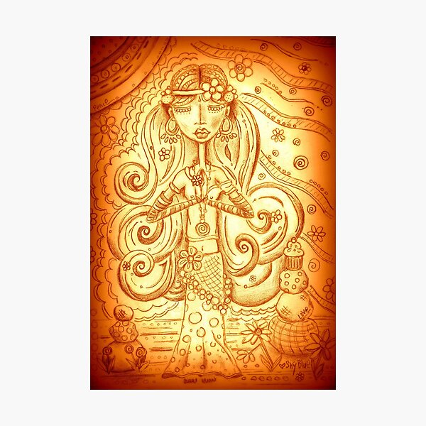 Orange Yoga Gypsy – Whimsical Folk Art Girl in Namaste Pose Photographic Print