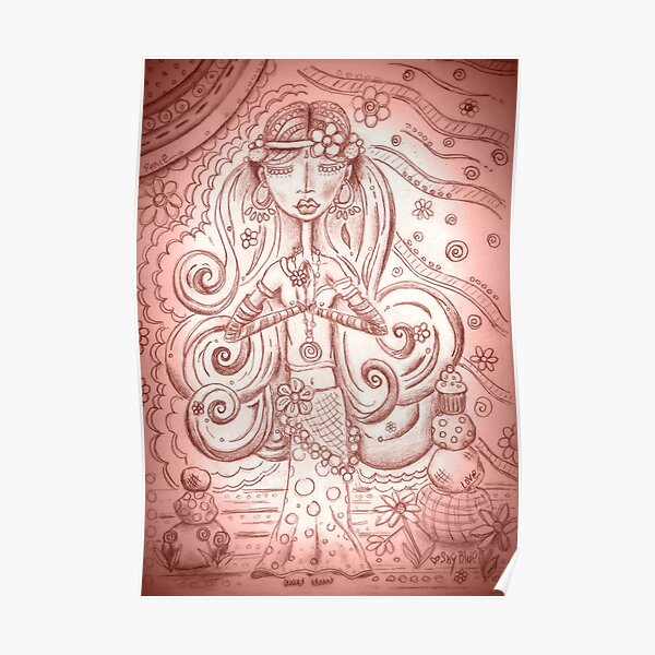 Pale Pink Yoga Gypsy – Whimsical Folk Art Girl in Namaste Pose Poster