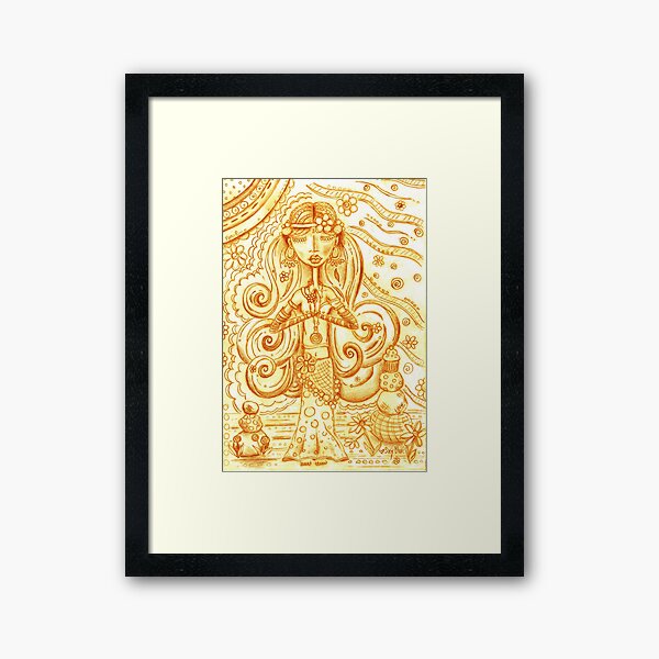 Orange Yoga Gypsy Sketch – Whimsical Folk Art Girl in Namaste Pose Framed Art Print