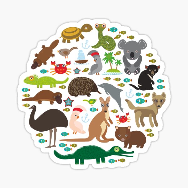 Animals Australia: Echidna Platypus ostrich Emu Tasmanian devil Cockatoo parrot Wombat snake turtle crocodile kangaroo dingo octopus fish Monitor lizard. Sticker