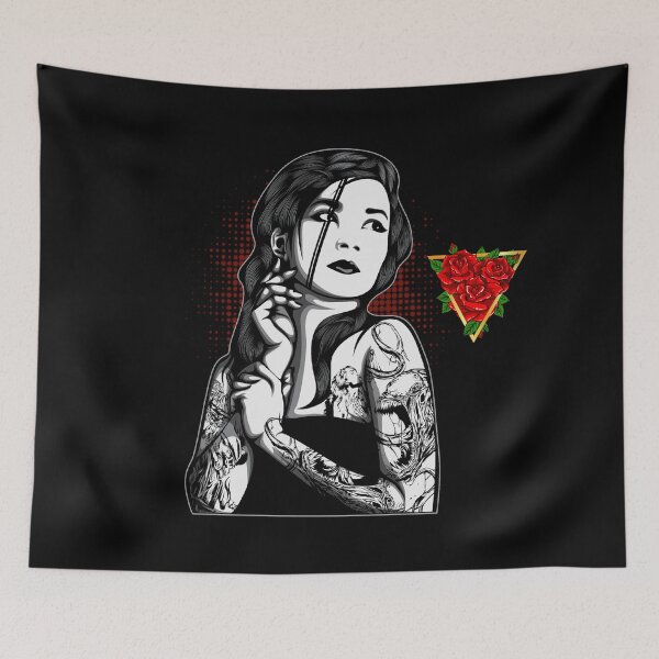 Artikelvorschau, Drei rote Rose goldenes Dreieck Gothic Tattoo Girl mit schwarzen Haaren entworfen und verkauft von darknessjeff86.