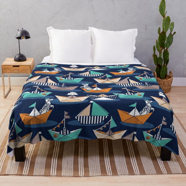 Item preview, Origami dog day at the lake // navy blue background orange aqua and brown taupe origami sail boats with cute Dalmatian designed and sold by SelmaCardoso.