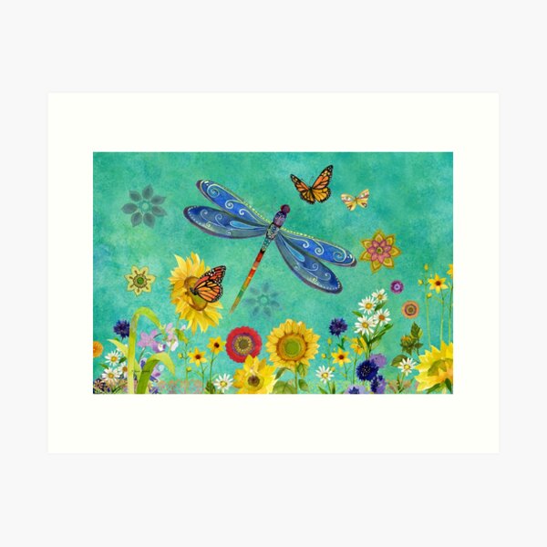 Whimsical wild flower watercolor dragonfly watercolor art by Sue Zipkin Art Print
