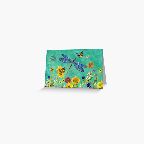 Whimsical wild flower watercolor dragonfly watercolor   Greeting Card