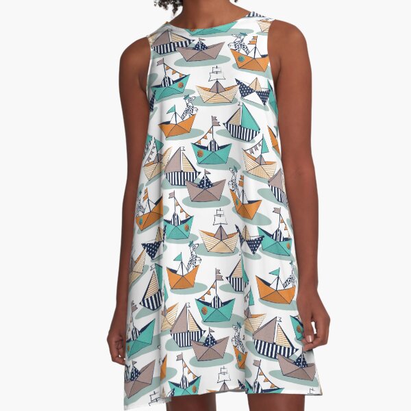Item preview, Origami dog day at the lake // white background orange aqua and brown taupe origami sail boats with cute Dalmatian designed and sold by SelmaCardoso.