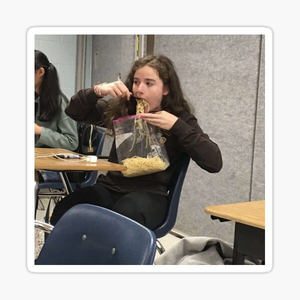 "Girl eating spaghetti from a bag meme" Sticker by lizzywoolf Redbubble