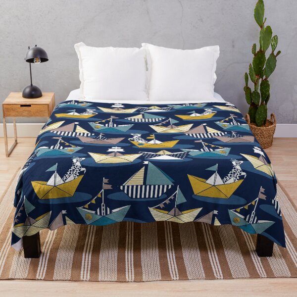 Item preview, Origami dog day at the lake // navy blue background yellow teal and brown taupe origami sail boats with cute Dalmatian designed and sold by SelmaCardoso.
