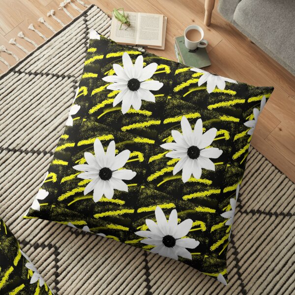 White Daisy Close-up Yellow and Black Floral Photo Design Floor Pillow