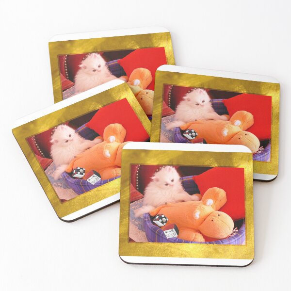 Item preview, White Persian Fluffy Baby Cat Vanda Playing with A Hippo and Dices (Photo by ACCI) on Gold designed and sold by VanyssaGraphics.
