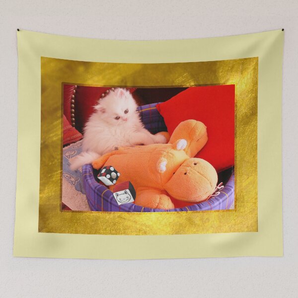 Item preview, White Persian Fluffy Baby Cat Vanda Playing with A Hippo and Dices (Photo by ACCI) on Gold designed and sold by VanyssaGraphics.