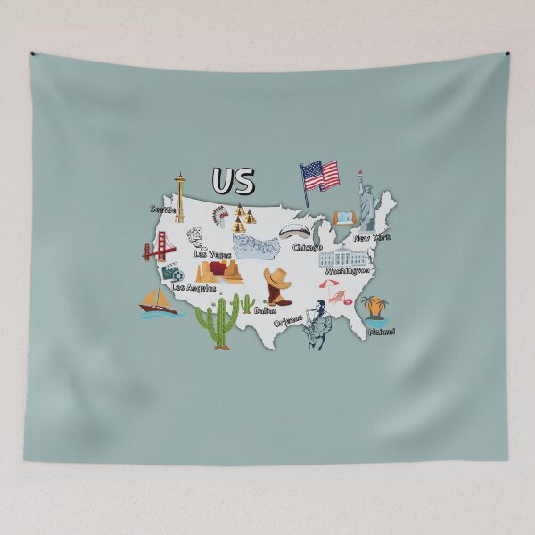 Item preview, United states map, major cities names USA map  national symbols and landmarks  designed and sold by mashmosh.