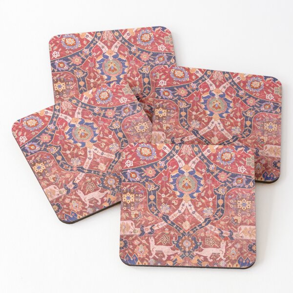 Item preview, Arabesque Floral | Early 17th Century Rich Color Pallete Bold Interlaced Blue Bands Dragons Deer Lions Wild Creature Pattern Rug designed and sold by vintagepatterns.