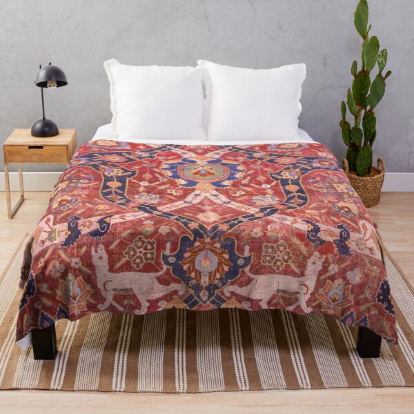 Item preview, Arabesque Floral | Early 17th Century Rich Color Pallete Bold Interlaced Blue Bands Dragons Deer Lions Wild Creature Pattern Rug designed and sold by vintagepatterns.