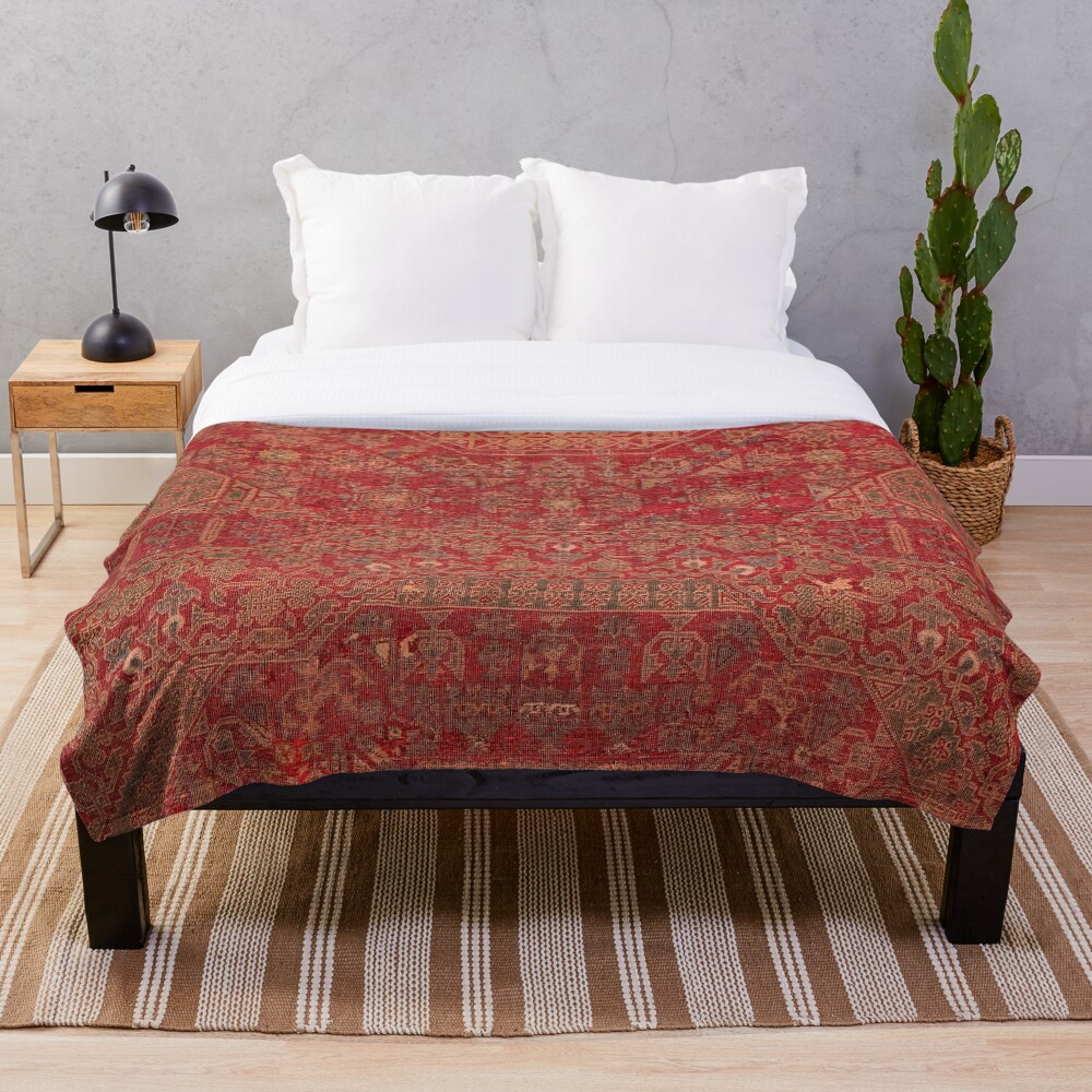 Bohemian Medallion II // 15th Century Old Distressed Red Green Colorful Ornate Accent Rug Pattern Throw Blanket