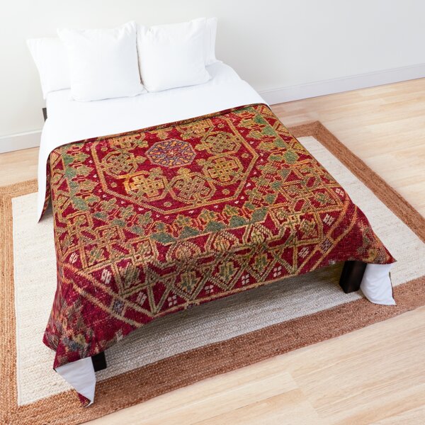 Bohemian Medallion VII // 15th Century Old Distressed Red Green Coloful Ornate Accent Rug Pattern Comforter