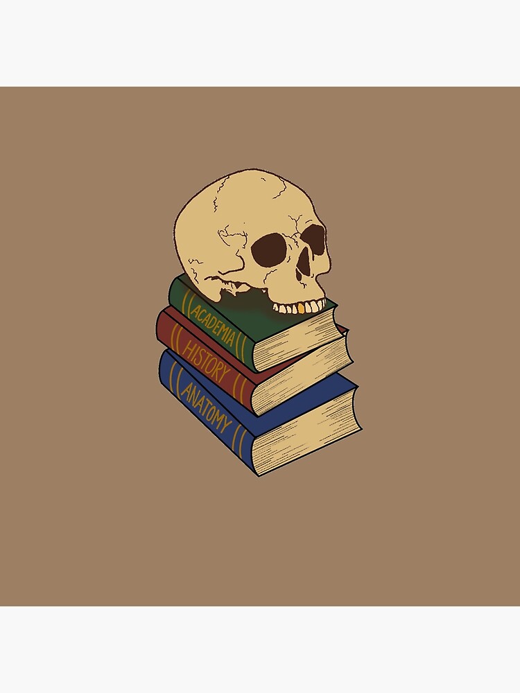dark academia skull on stack of books art print by