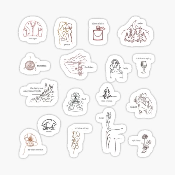 Collection d'albums folkloriques de Taylor Swift (dessin au trait avec fond blanc) Sticker