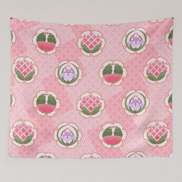 Item preview, Traditional Japanese Floral Shippou Summer Flower Crest Pattern with Hydrangea, Iris, and Peony in Pastel Pink designed and sold by Charredsky.