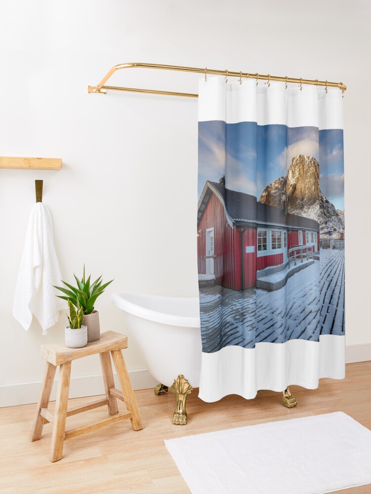 Alternate view of Hamnoy Hut Shower Curtain
