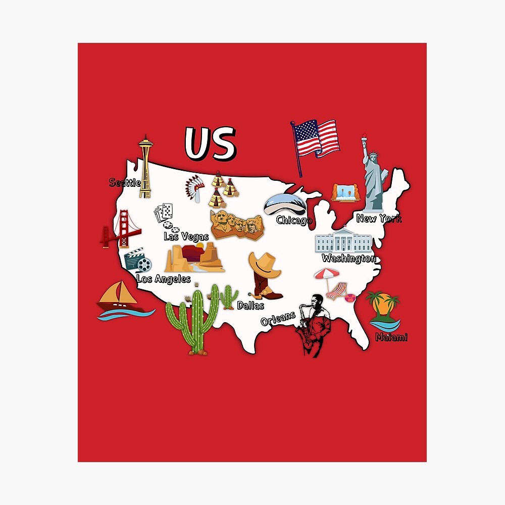 usa map us map major cities names united states america national symbols and landmarks poster for sale by mashmosh redbubble