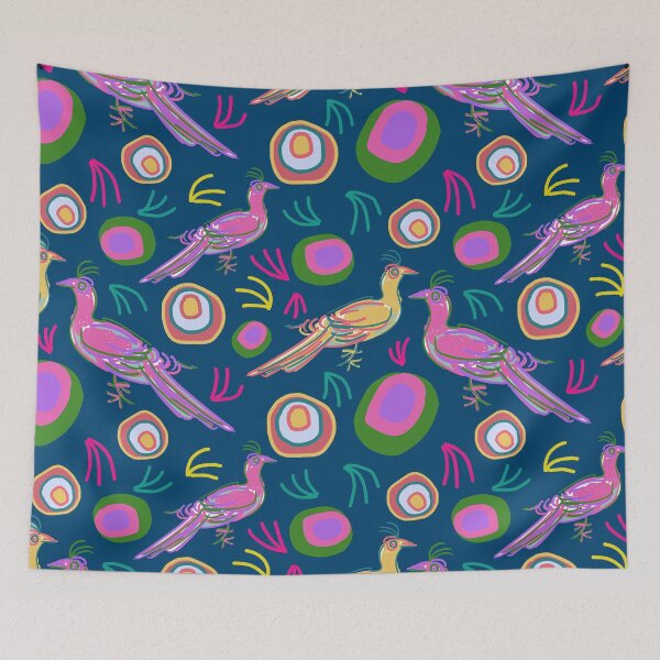 Item preview, Botanical farm birds hand drawn gathering on dark blue pattern designed and sold by EarthyPlanty.