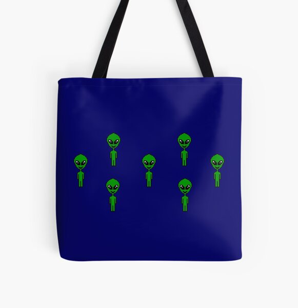 Pixel Aliens (blue background) All Over Print Tote Bag