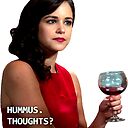 A sticker of Amy Santiago, a character of Brooklyn Nine-Nine, holding a glass of wine and looking at someone outside the frame. The text "Hummus. Thoughts?" is written in the left bottom corner.