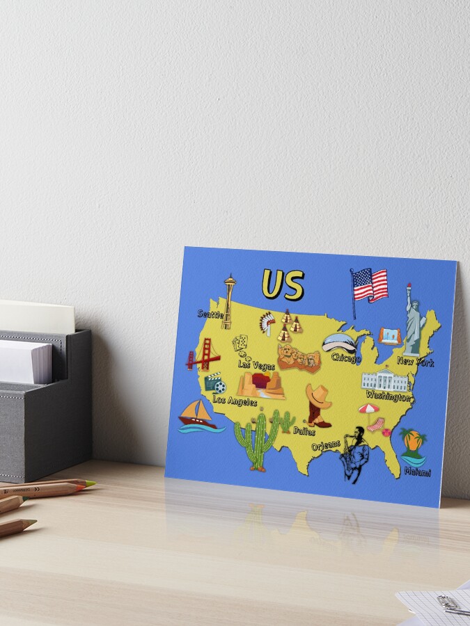 usa map us map major cities and united states america national symbols and landmarks green sheen art board print for sale by mashmosh redbubble