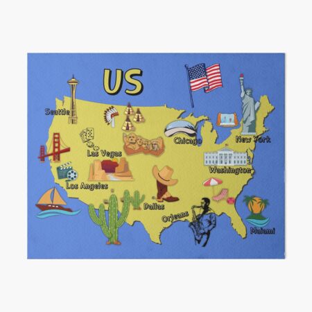united states map major cities names usa map national symbols and landmarks art board print for sale by mashmosh redbubble
