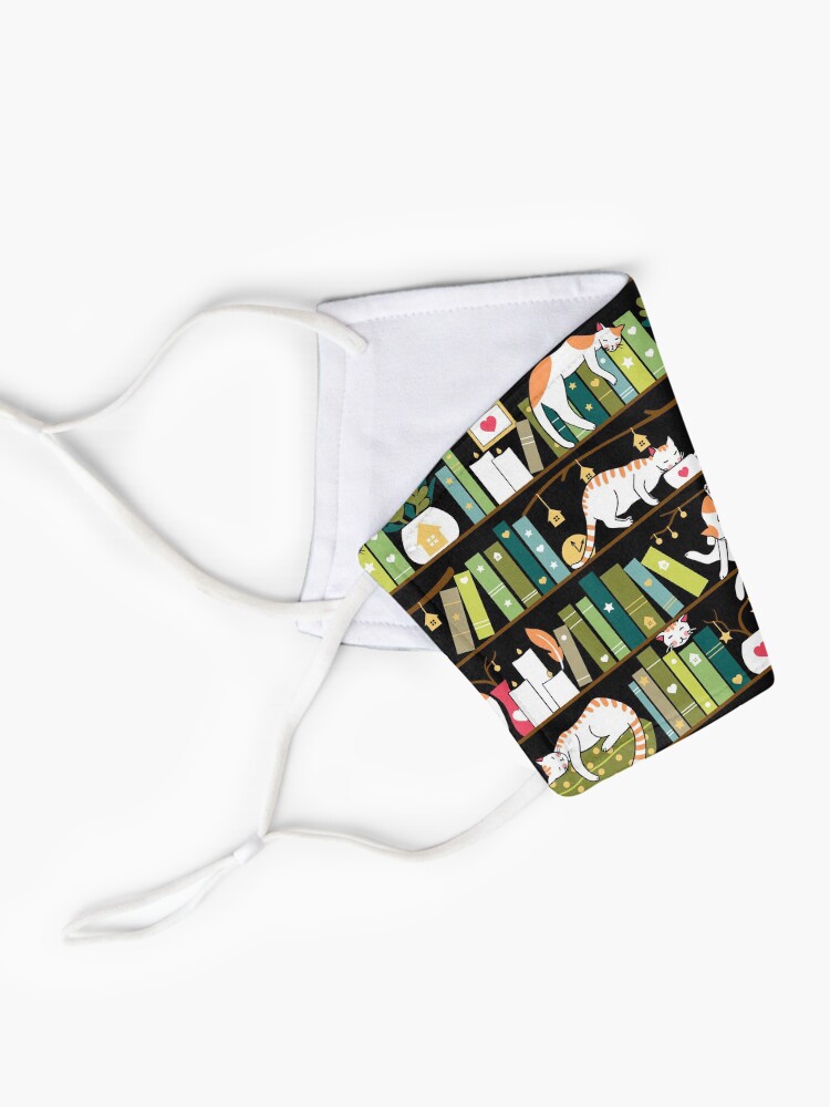Alternate view of Library cats - whimsical cats on the book shelves Mask