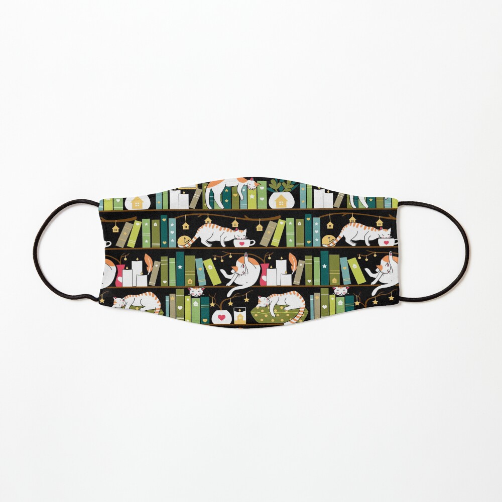 Library cats - whimsical cats on the book shelves Mask