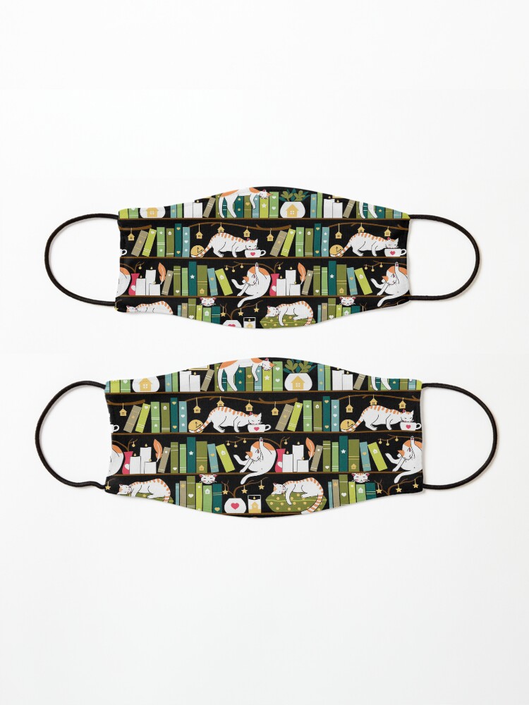 Alternate view of Library cats - whimsical cats on the book shelves Mask
