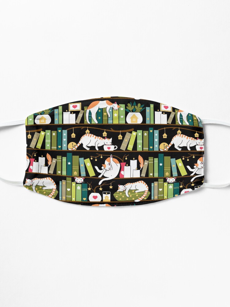 Alternate view of Library cats - whimsical cats on the book shelves Mask