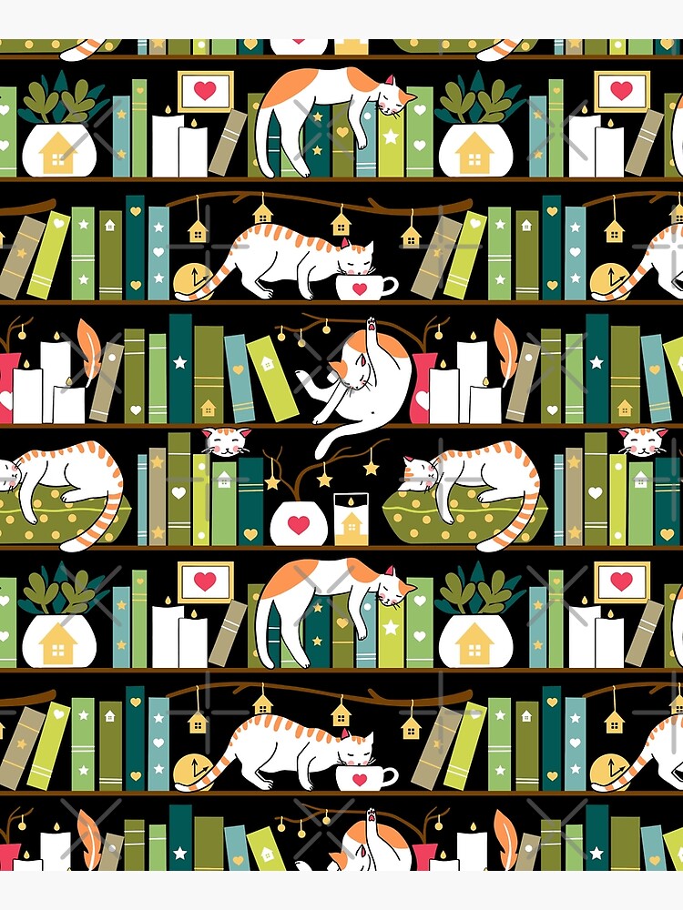 Library cats - whimsical cats on the book shelves by Elenanaylor