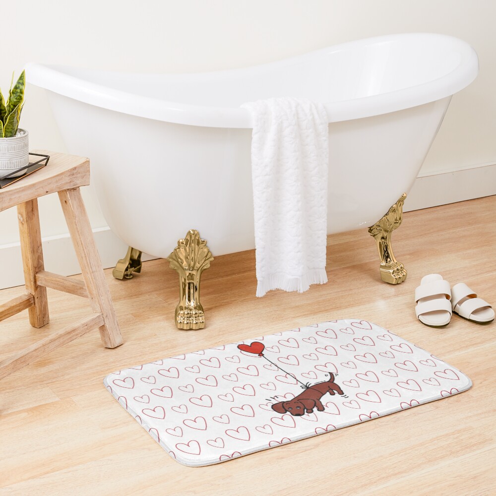 Red Smooth Haired Dachshund Floating in the Air Bath Mat