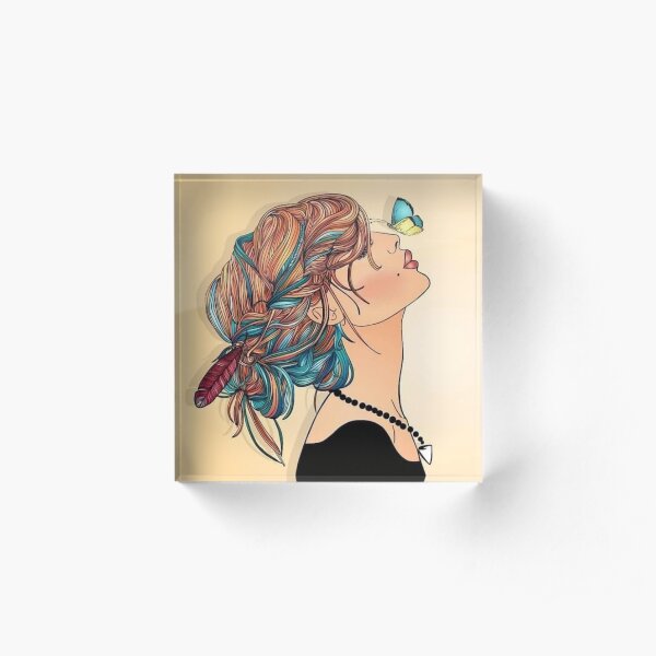 Simple Colorful Butterfly Woman Art Boho Style Fashion Mood Acrylic Block