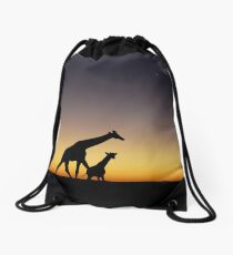 Giraffe silhouettes at sunset Drawstring Bag