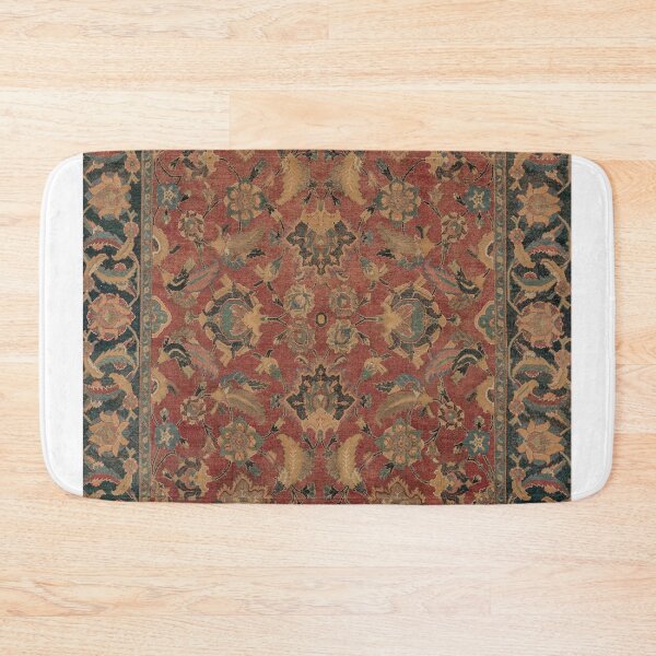 Item preview, Flowery Boho Rug I // 17th Century Distressed Colorful Red Navy Blue Burlap Tan Ornate Accent Pattern designed and sold by vintagepatterns.