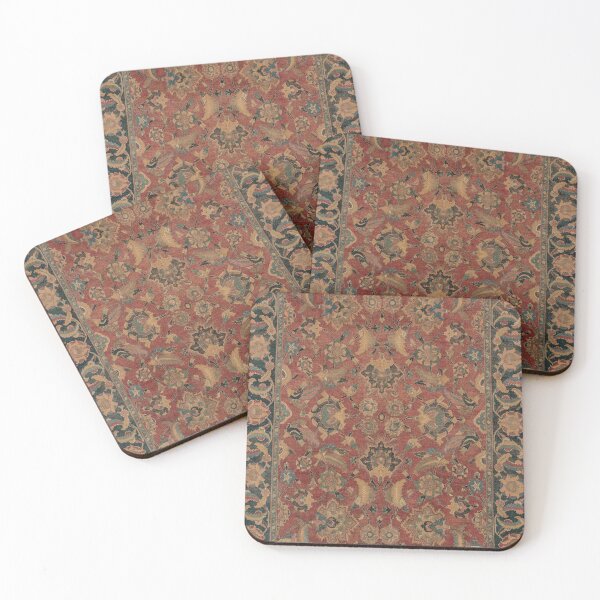 Item preview, Flowery Boho Rug I // 17th Century Distressed Colorful Red Navy Blue Burlap Tan Ornate Accent Pattern designed and sold by vintagepatterns.