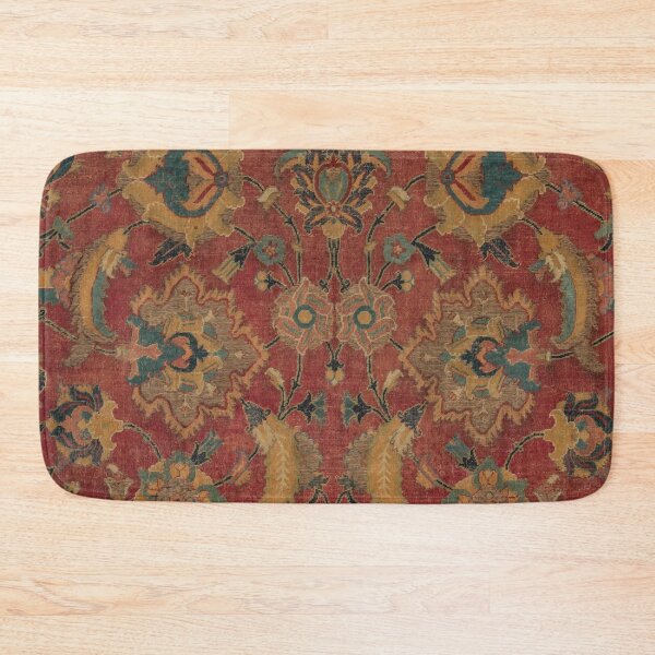 Item preview, Flowery Boho Rug II // 17th Century Distressed Colorful Red Navy Blue Burlap Tan Ornate Accent Pattern designed and sold by vintagepatterns.