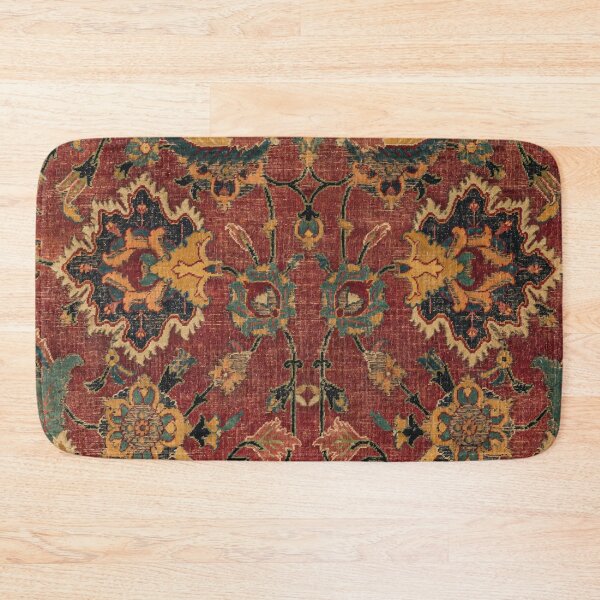 Item preview, Flowery Boho Rug III // 17th Century Distressed Colorful Red Navy Blue Burlap Tan Ornate Accent Pattern designed and sold by vintagepatterns.