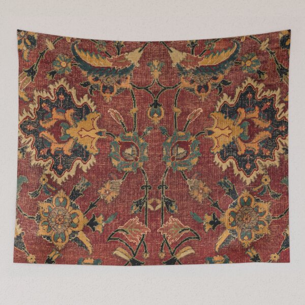 Item preview, Flowery Boho Rug III // 17th Century Distressed Colorful Red Navy Blue Burlap Tan Ornate Accent Pattern designed and sold by vintagepatterns.