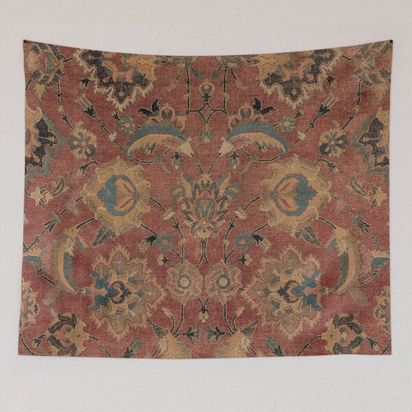 Item preview, Flowery Boho Rug IV // 17th Century Distressed Colorful Red Navy Blue Burlap Tan Ornate Accent Pattern designed and sold by vintagepatterns.
