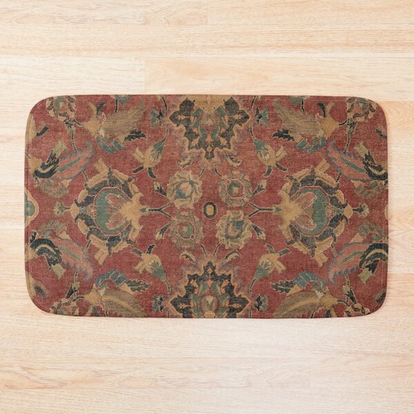 Item preview, Flowery Boho Rug V // 17th Century Distressed Colorful Red Navy Blue Burlap Tan Ornate Accent Pattern designed and sold by vintagepatterns.
