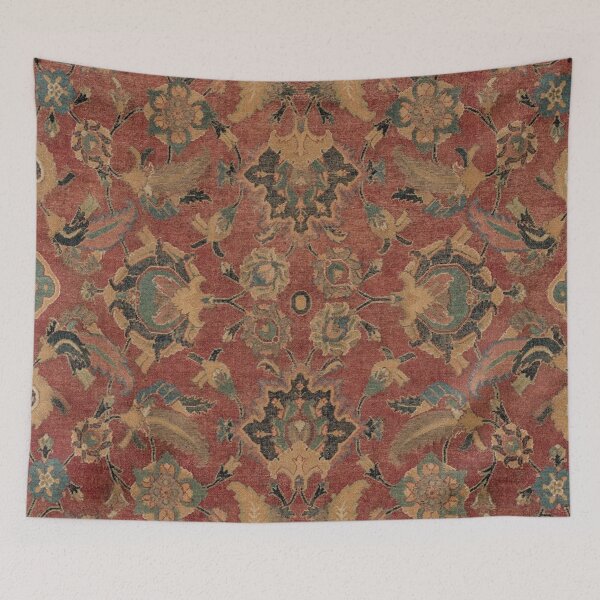 Item preview, Flowery Boho Rug V // 17th Century Distressed Colorful Red Navy Blue Burlap Tan Ornate Accent Pattern designed and sold by vintagepatterns.