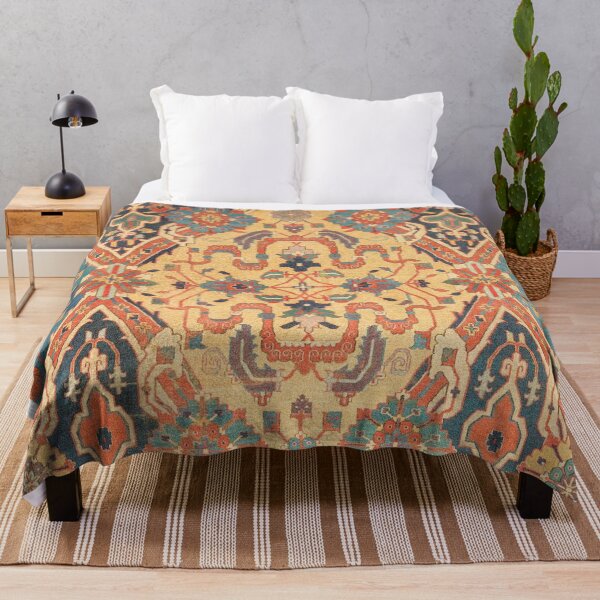Artikelvorschau, Geometrische Blätter IX // Distressed Red Blue Green Colourful Ornate Accent Rug Pattern aus dem 18. Jahrhundert entworfen und verkauft von vintagepatterns.