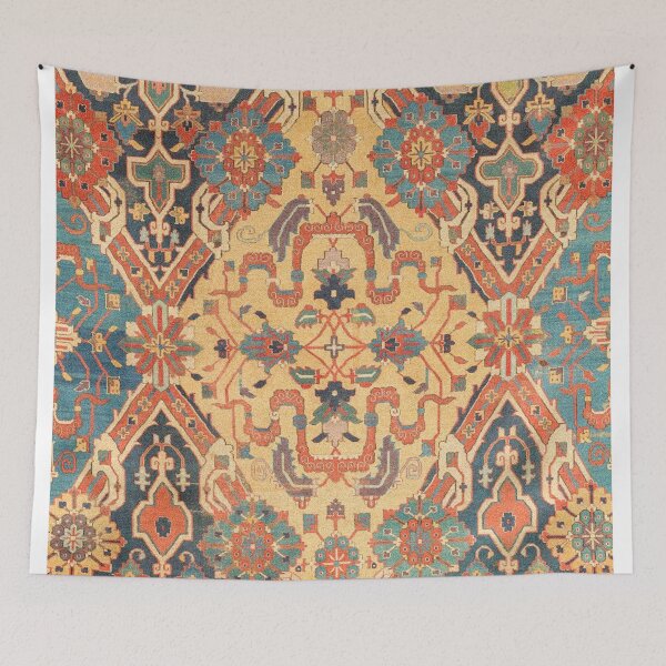 Item preview, Geometric Leaves IX // 18th Century Distressed Red Blue Green Colorful Ornate Accent Rug Pattern designed and sold by vintagepatterns.
