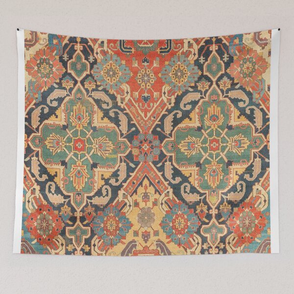 Item preview, Geometric Leaves VIII // 18th Century Distressed Red Blue Green Colorful Ornate Accent Rug Pattern designed and sold by vintagepatterns.