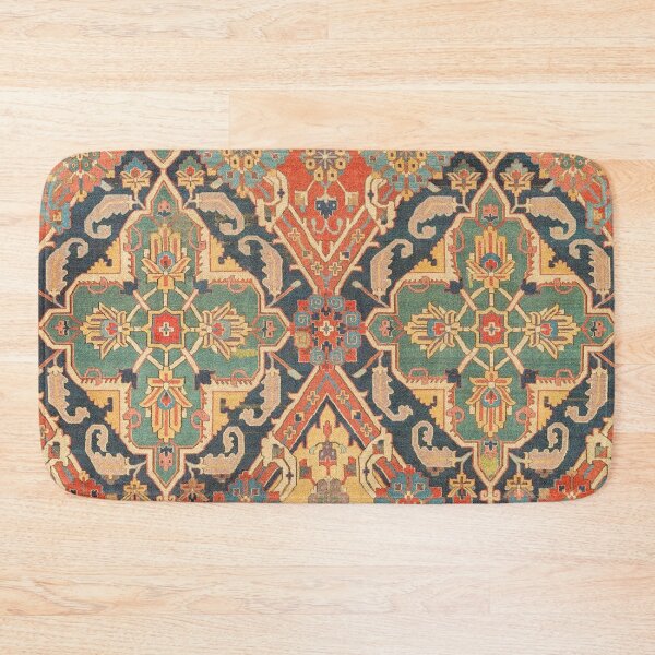 Item preview, Geometric Leaves VIII // 18th Century Distressed Red Blue Green Colorful Ornate Accent Rug Pattern designed and sold by vintagepatterns.